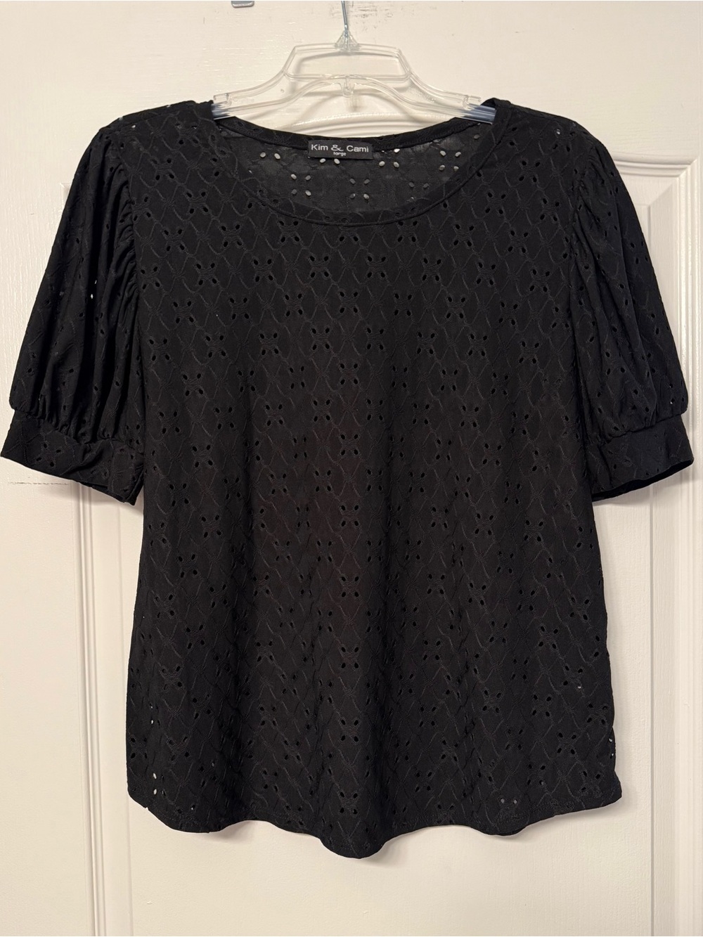 Kim & Cami Large Black Eyelet Blouse Puff Sleeve Cotton Top Cottagecore